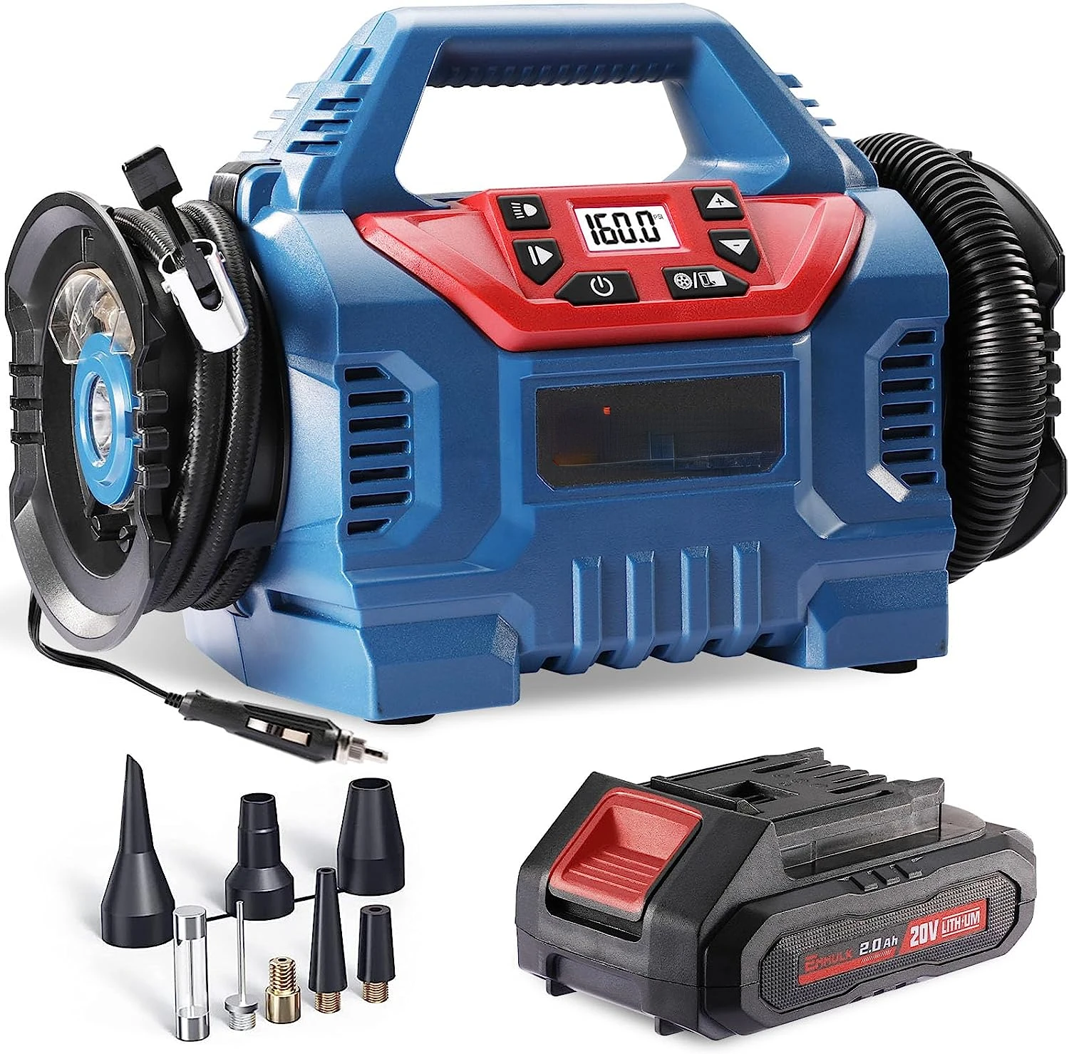 Cordless Tire Inflator Air Compressor 20V Rechargeable Battery Powered 160PSI Portable Air with 12V Car Power Adapter Inflation
Cordless Tire Inflator Air Compressor 20V Rechargeable Battery Powered 160PSI Portable Air with 12V Car Power Adapter Inflation