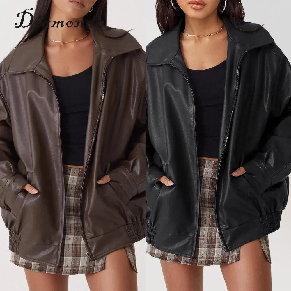 

Women Oversized Jackets Casual Faux Leather Jacket Maillard Style Fashion Moto Biker Coat Lapel Zipper Jacket Boyfriend Outwear