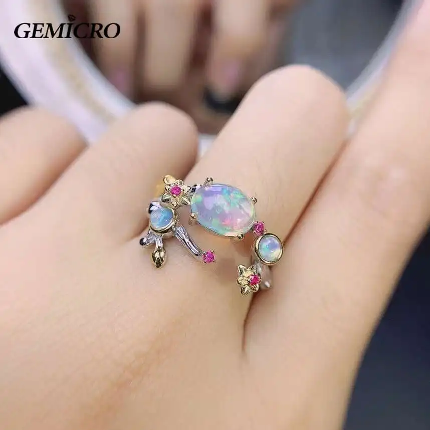 

Gemicro Natural Opal Woman Rings Change Fire Color Mysterious 925 Silver Beautiful Colour of Gemstones