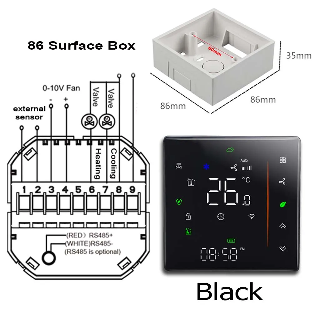 Модулирующий вентилятор 0-10 В, термостат для отопления и охлаждения Wi-Fi вентиляторной катушки tuya 24 в 95-240 В опционально
Модулирующий вентилятор 0-10 В, термостат для отопления и охлаждения Wi-Fi вентиляторной катушки tuya 24 в 95-240 В опционально