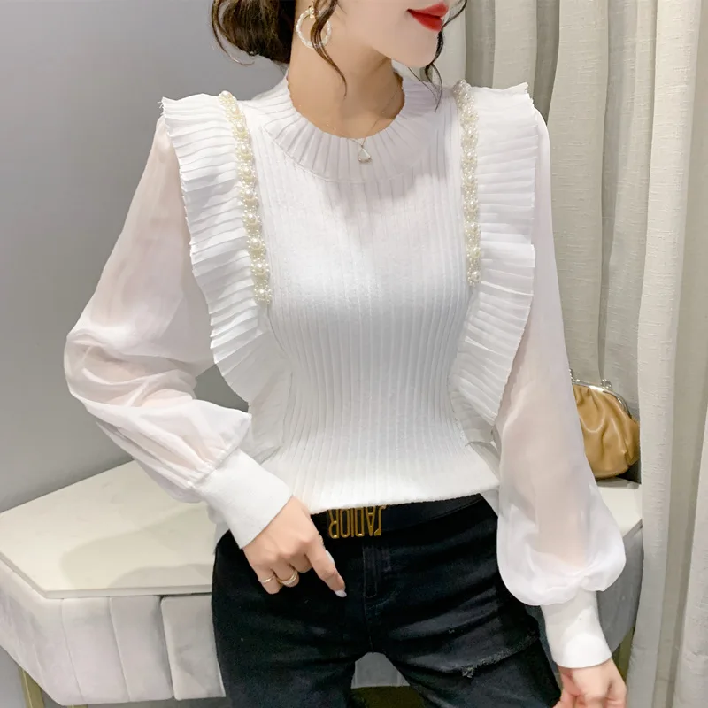 2022 Spring New Pearl Ruffled Chiffon Sleeve Stitching Sweater Design Fashion Long-sleeved Top Fall Sweaters for Women
2022 Spring New Pearl Ruffled Chiffon Sleeve Stitching Sweater Design Fashion Long-sleeved Top Fall Sweaters for Women