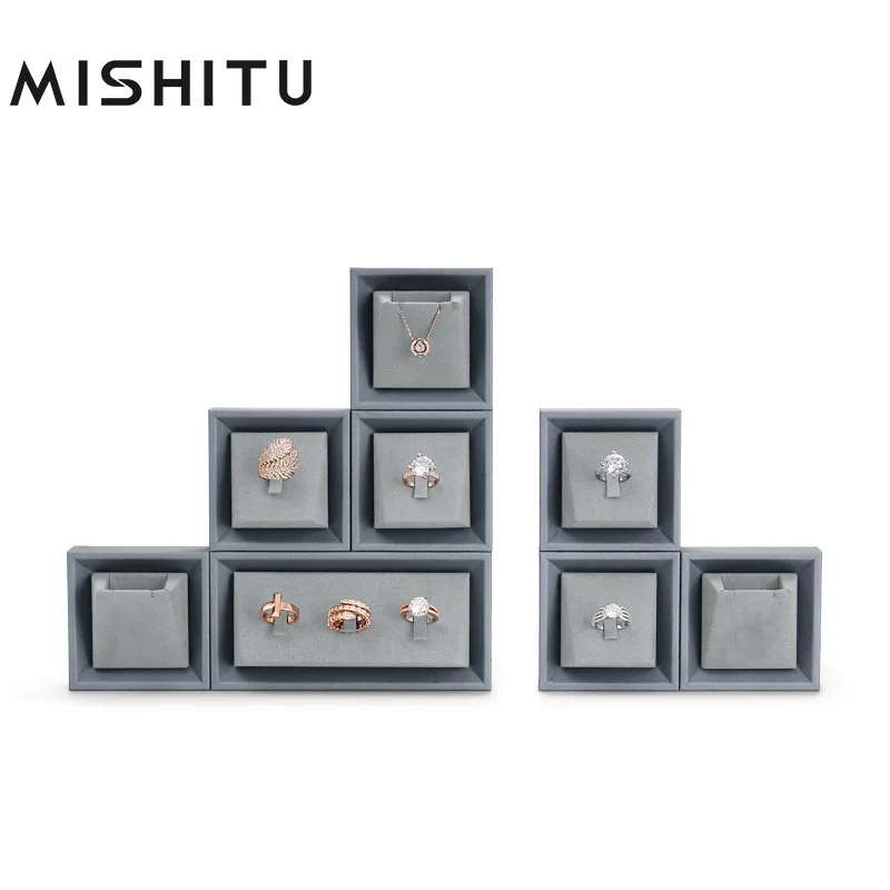 

MISHITU Soild Wood+Microfiber Jewelry Grey Display Set Tray for Ring Necklace Jewelry Organizer Rack Premium Decoration