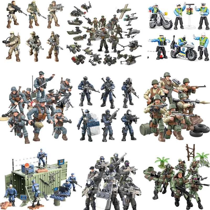 

Экшн-фигурки в стиле милитари, армии, мира, спецназа, набор моделей Мега, строительные блоки, спецназ, солдат, мини-фигурки, оружие, кирпичи, игрушки