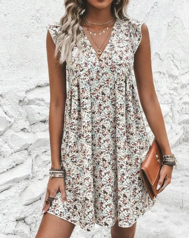 

Women's Dresses 2023 Summer Fashion Ditsy Floral Print Plunge Flutter Sleeve Casual Short Sleeve Daily Mini A Line Dress