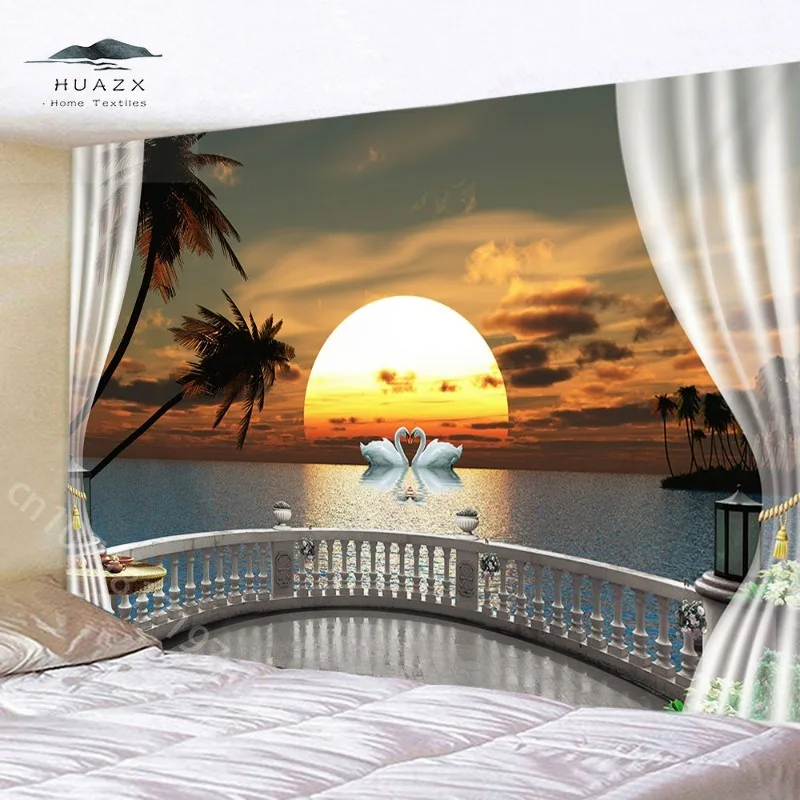 

Joyous Sunset Seaside Tapestry Wall Hanging for Window Forest Lake Landscape Home Living Room Dorm Cute Bedroom Decor Aesthetic