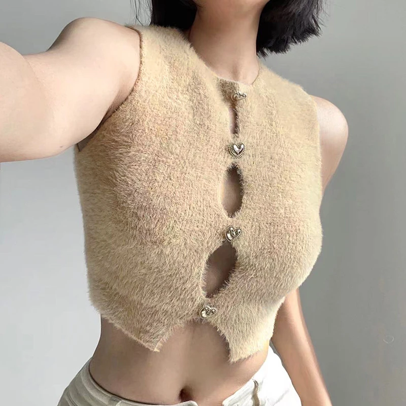 INS Style Sexy Hot Girl Hollow out Heart Buckle Wool Vest Niche Slim Fit Sleeveless Top 
INS Style Sexy Hot Girl Hollow out Heart Buckle Wool Vest Niche Slim Fit Sleeveless Top