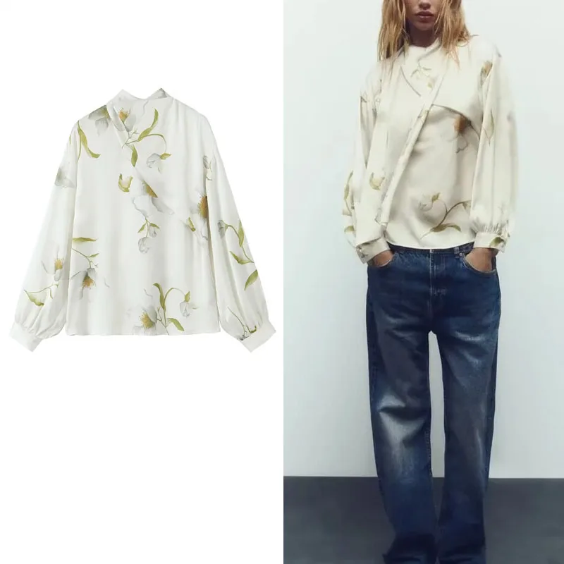 TRAF Women Floral Print Top High Collar Wrap Long Sleeve Top Bow Silk Satin Texture Blouse Tops Autumn Casual Female Slim Tops 
TRAF Women Floral Print Top High Collar Wrap Long Sleeve Top Bow Silk Satin Texture Blouse Tops Autumn Casual Female Slim Tops