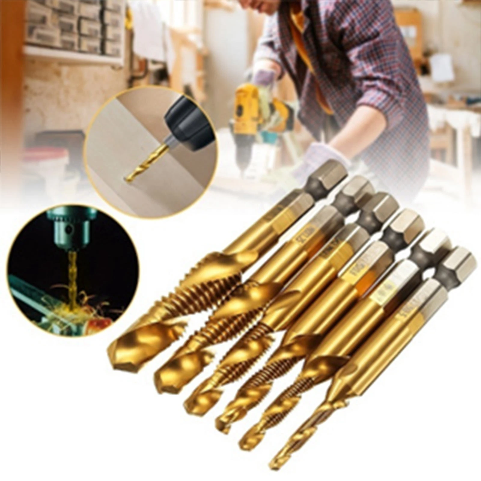 6pcs Metric Thread M3-M10 Titanium Coated HSS Drill And Tap Bits 1/4" Hex Shank Hand Tools
6pcs Metric Thread M3-M10 Titanium Coated HSS Drill And Tap Bits 1/4" Hex Shank Hand Tools