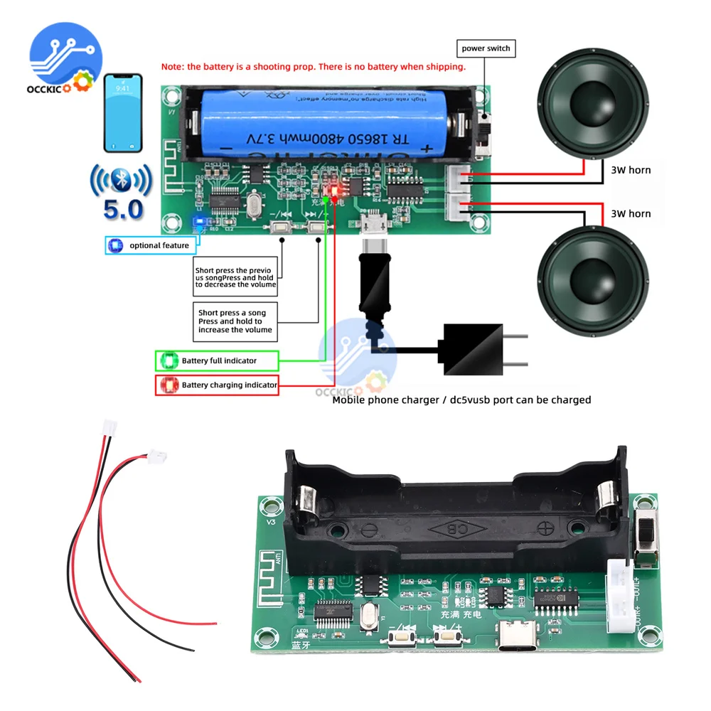

XH-A153 PAM8403 Bluetooth Amplifier Board DC 5V 3W*2 2.0 Channel Audio AMP with 18650 Battery Case For Speakers Type-C USB
