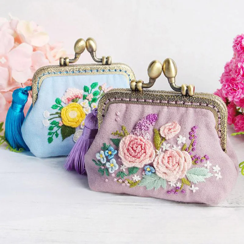 

DIY Ribbon Flowers Embroidery Wallet For Beginner Needlework Kits Cross Stitch Series Arts Crafts DIY Coin Purse Materials Kit
