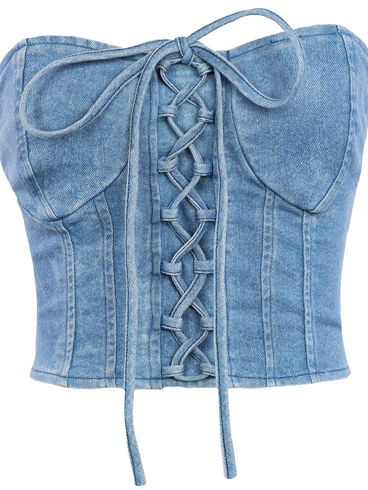 Denim Corset Waist Sexy Cross Straps Tube Top Women Bra Strapless Underbust Shape Tank Top Female High Street Slim Party Wear 
Denim Corset Waist Sexy Cross Straps Tube Top Women Bra Strapless Underbust Shape Tank Top Female High Street Slim Party Wear