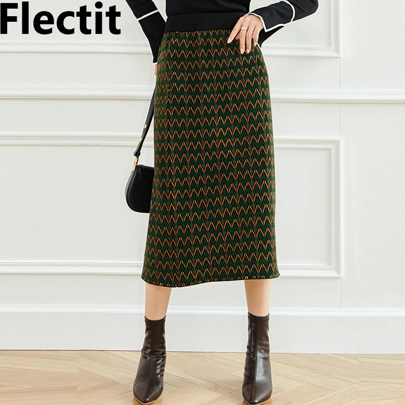 

Flectit Multicolor Zig-Zag Knit Midi Skirt Women Straight Sweater Skirt with Back Slit Vintage Outfit