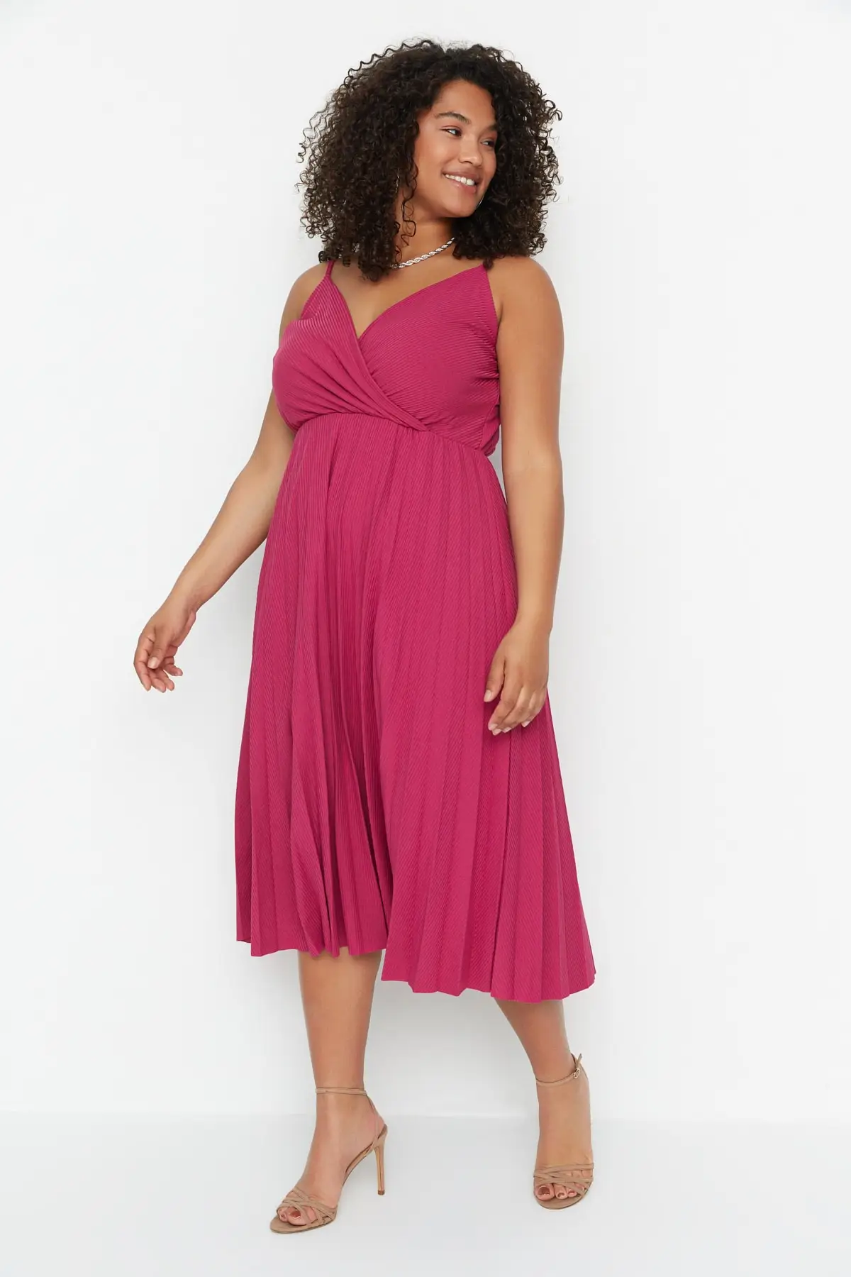 

Fuchsia Double Breasted Neck Knitted Strap Dress TBBSS22EL1565 Polyester Midi Regular Standard Sleeve Blended V-Neck Pink Fashion