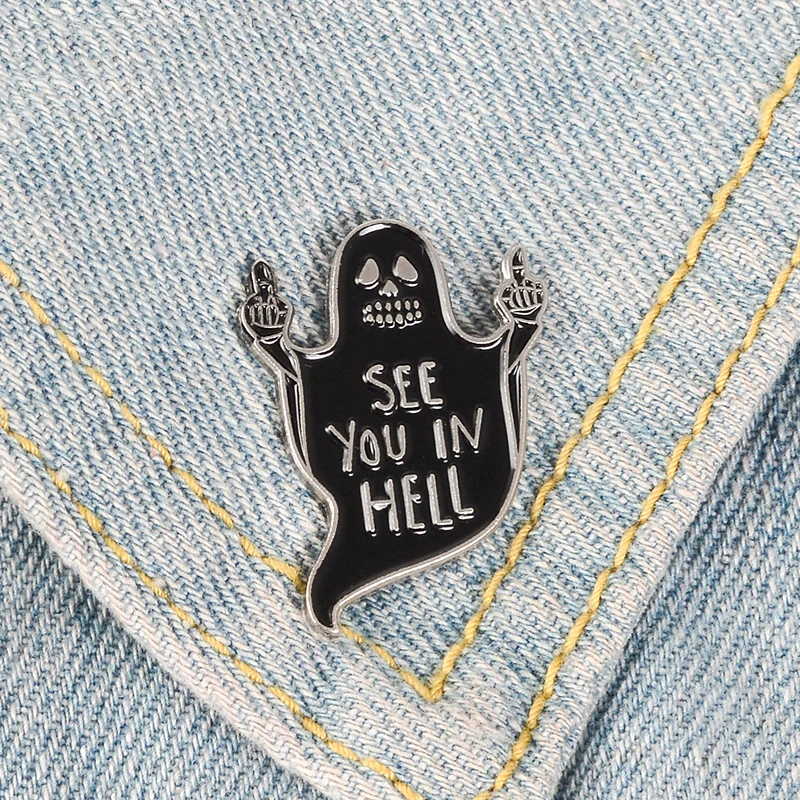 Black Ghost Middle Finger Enamel Pin See you in hell Badge Brooches Bag Clothes Lapel pin Funny Punk Gothic Jewelry Gift
Black Ghost Middle Finger Enamel Pin See you in hell Badge Brooches Bag Clothes Lapel pin Funny Punk Gothic Jewelry Gift