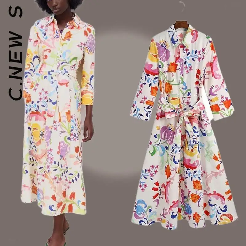 C.New S New Dress Women Elegant Sleeve Print Turn-down Mid-Calf Dresses Vocation Style All-Match Dresses Woman Vestidos Female
C.New S New Dress Women Elegant Sleeve Print Turn-down Mid-Calf Dresses Vocation Style All-Match Dresses Woman Vestidos Female