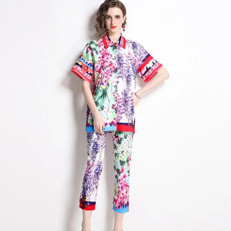 2022 Summer Two Piece Twinset Women's Bohemian Floral Print Short Sleeve Loose Shirts Tops+ Pocket Pencil Pants Sets
2022 Summer Two Piece Twinset Women's Bohemian Floral Print Short Sleeve Loose Shirts Tops+ Pocket Pencil Pants Sets