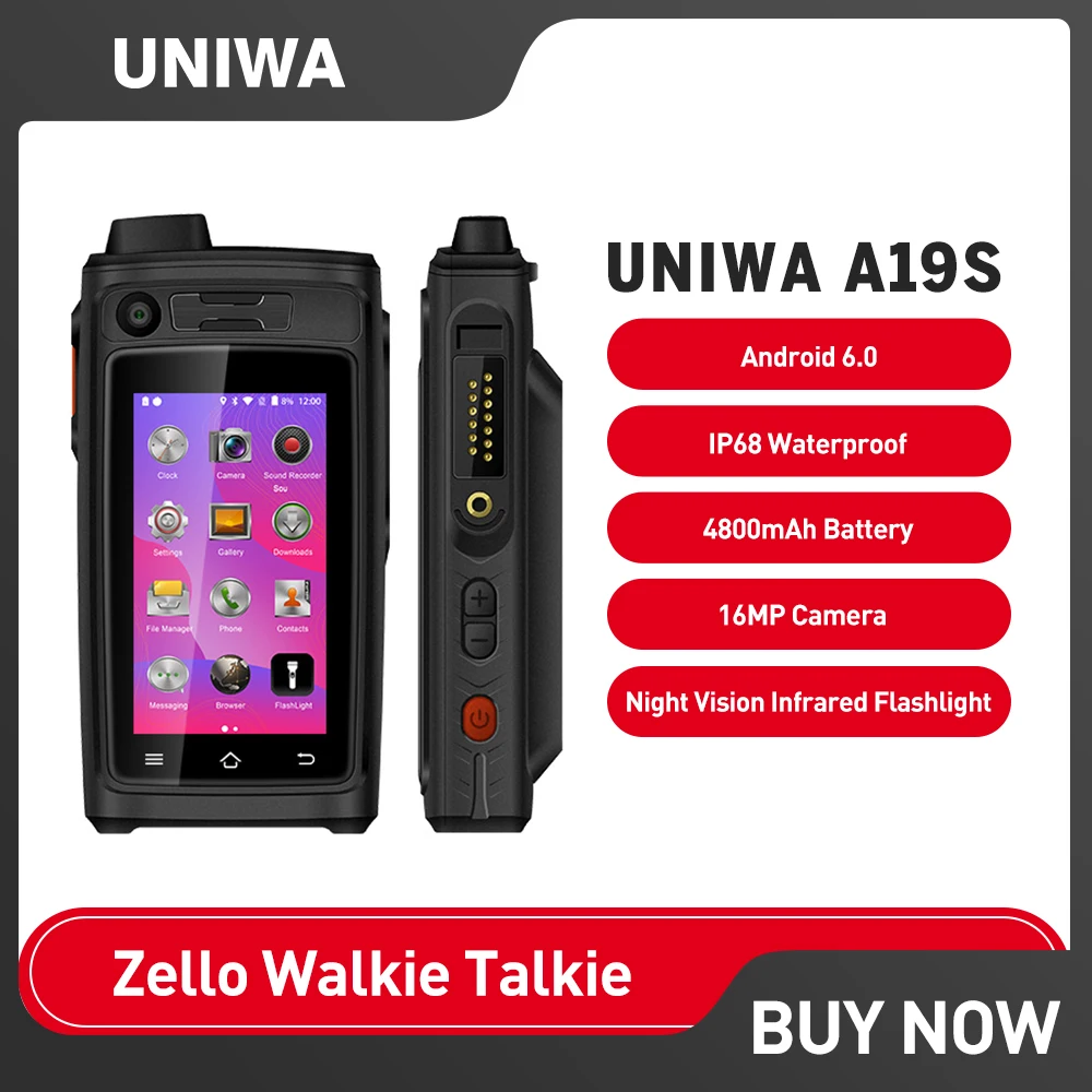 UNIWA A19S IP68 Walkie Talkie 3GB 32GB 4800mAh Touch Screen Android 6.0 Loud Speaker 16MP POC Zello Night Vision NFC SOS 4G LTE
UNIWA A19S IP68 Walkie Talkie 3GB 32GB 4800mAh Touch Screen Android 6.0 Loud Speaker 16MP POC Zello Night Vision NFC SOS 4G LTE