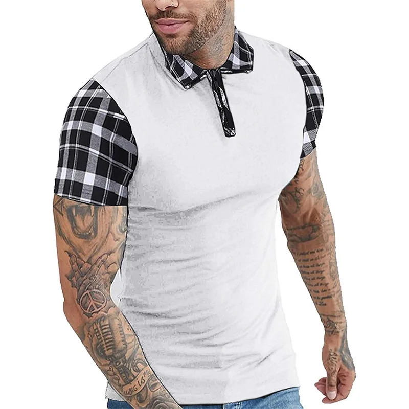 

ZITY New Summer High Quality Men Polo Shirts Plaid Print Casual Short Sleeve Mens Shirts Turn-Down Collar Zipper Polo Shirt Men