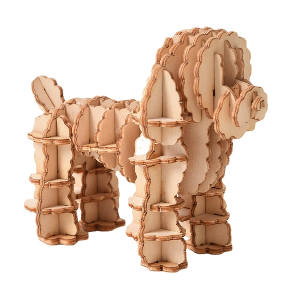 

3D Poodle Wooden Craft Kits Toys Kids Build Blocks Constructor Animal Shaped Models Jigsaw Paintable DIY Assemble Dogs for Adult