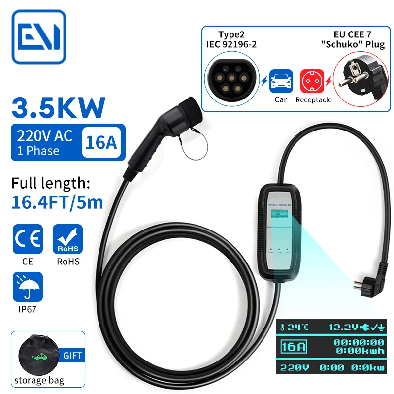 

Портативное зарядное устройство для электромобилей типа 2 IEC62196-2 16A EVSE, зарядный кабель типа 1 SA J1772, штепсельная вилка европейского стандарта, контроллер Wallbox для электромобиля