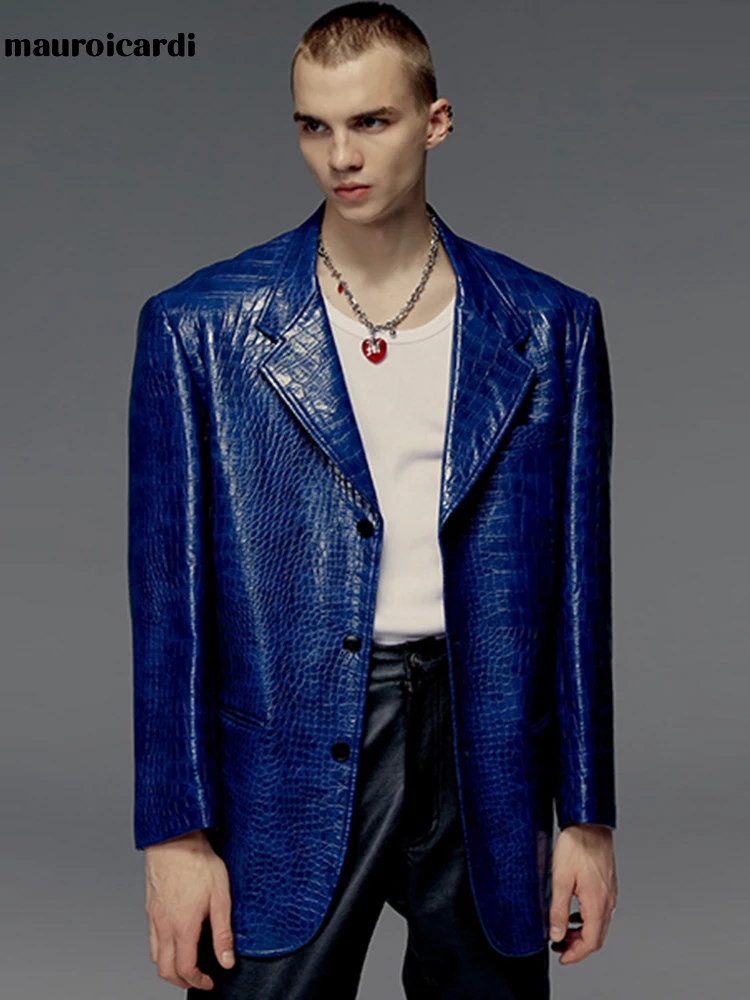 Mauroicardi Spring Autumn Loose Cool Blue Shiny Crocodile Print Leather Blazer Men Long Sleeve Luxury Designer Pu Clothing 2022
Mauroicardi Spring Autumn Loose Cool Blue Shiny Crocodile Print Leather Blazer Men Long Sleeve Luxury Designer Pu Clothing 2022