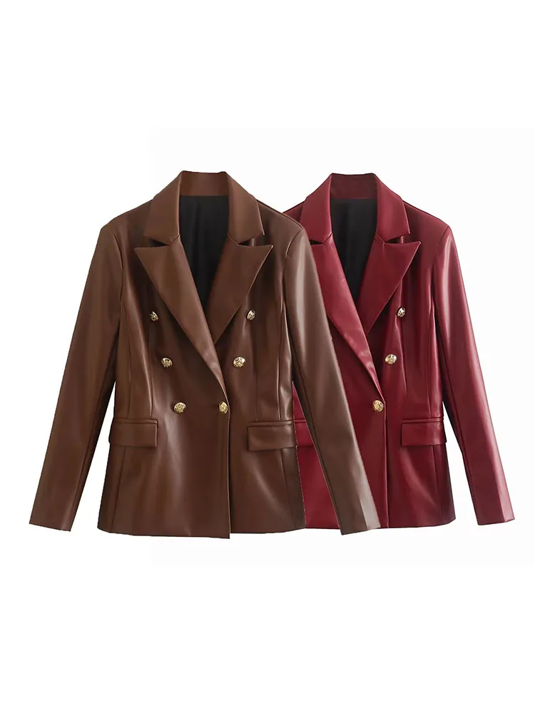 Женский двубортный блейзер из искусственной кожи, винтажная верхняя одежда с длинным рукавом и карманами, 2023
Женский двубортный блейзер из искусственной кожи, винтажная верхняя одежда с длинным рукавом и карманами, 2023