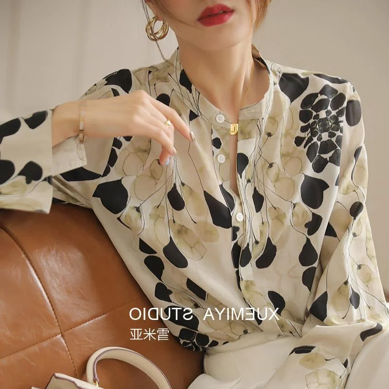 

Silk shirt for women with a sense of design niche stand collar spring long sleeved westernized ink print vintage mulberry shirt