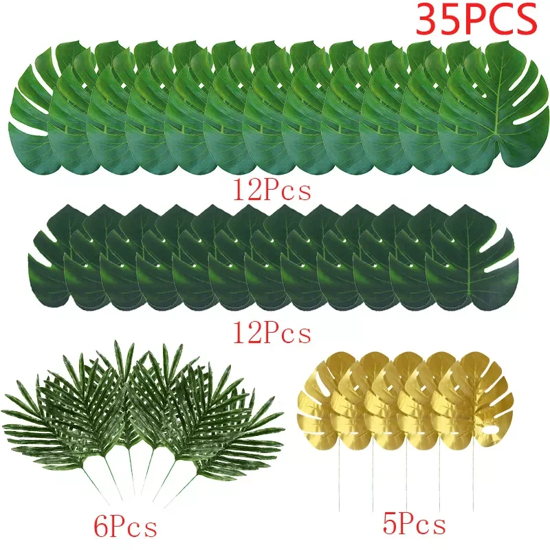 

35Pcs Artificial Palm Leaves Gold Green Tropical Palm Tree Leaves for Wedding Hawaiia Party Jungle Beach Theme Party Table Decor