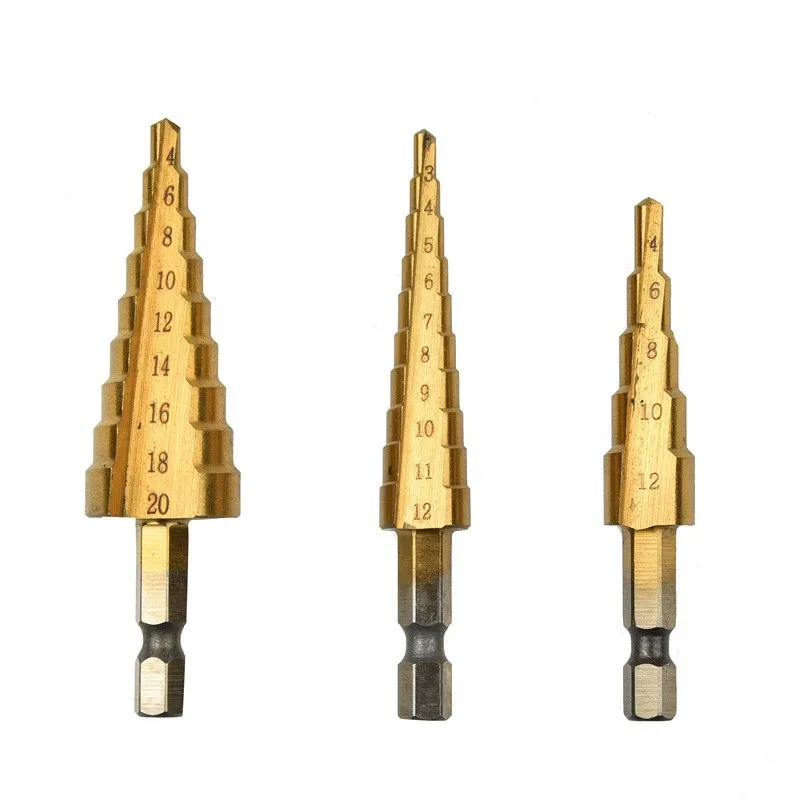 3pc/set HSS Titanium Coated Step Universal Drill Bit 3-12 4-12 4-20mm Metal High Speed Steel Wood Hole Cutter Step Cone Drill
3pc/set HSS Titanium Coated Step Universal Drill Bit 3-12 4-12 4-20mm Metal High Speed Steel Wood Hole Cutter Step Cone Drill