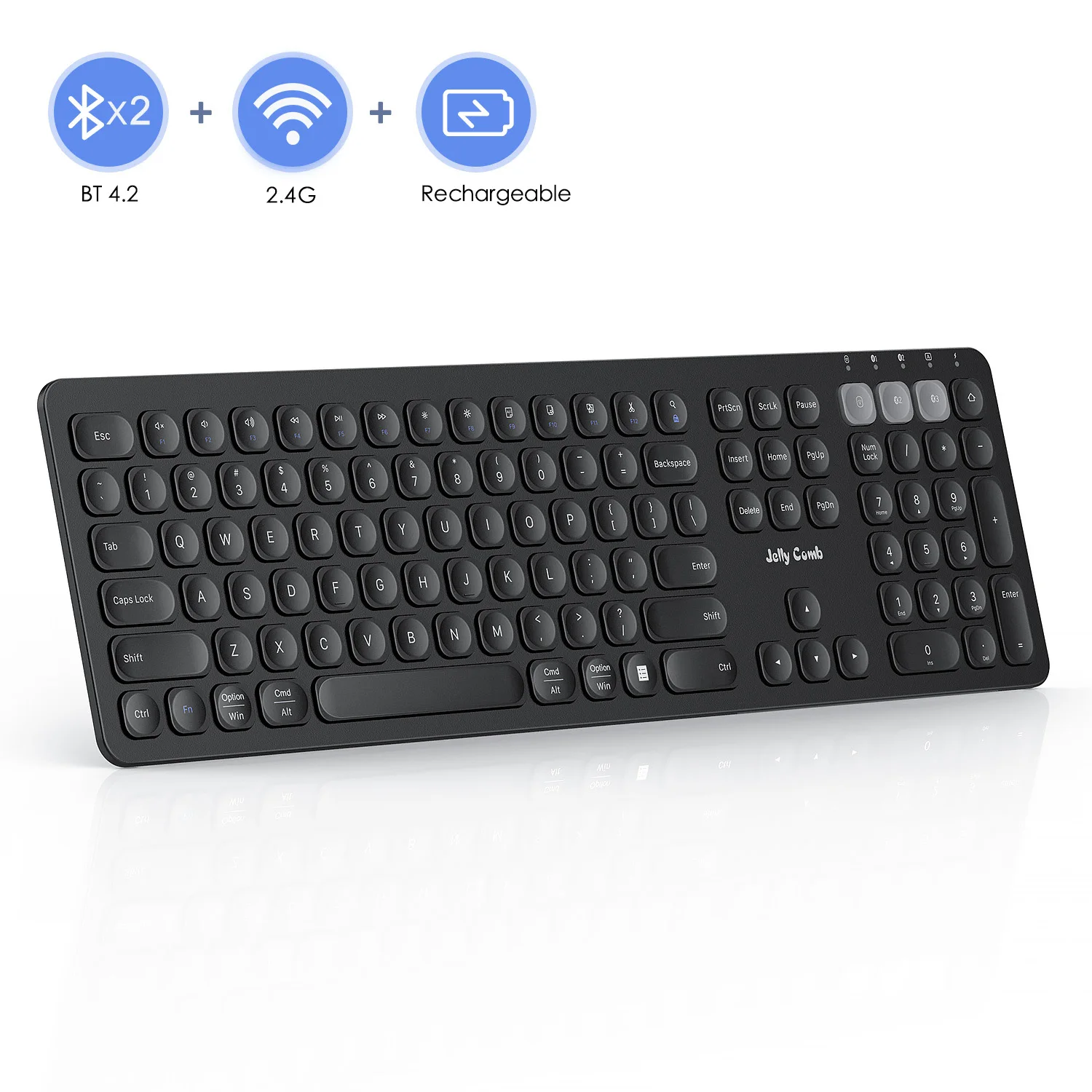 Jelly Comb Dual Mode (Bluetooth 4.2+USB ) Rechargeable 2.4G Wireless Bluetooth Keyboard Switch to 3 Devices for PC Laptop
Jelly Comb Dual Mode (Bluetooth 4.2+USB ) Rechargeable 2.4G Wireless Bluetooth Keyboard Switch to 3 Devices for PC Laptop