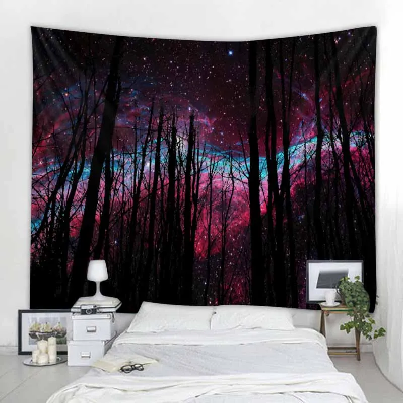 

Starry Sky Forest Tapestry Moonlight Night Psychedelic Bohemian Tapestry Home Decor Wall Hanging Living Room Art Background