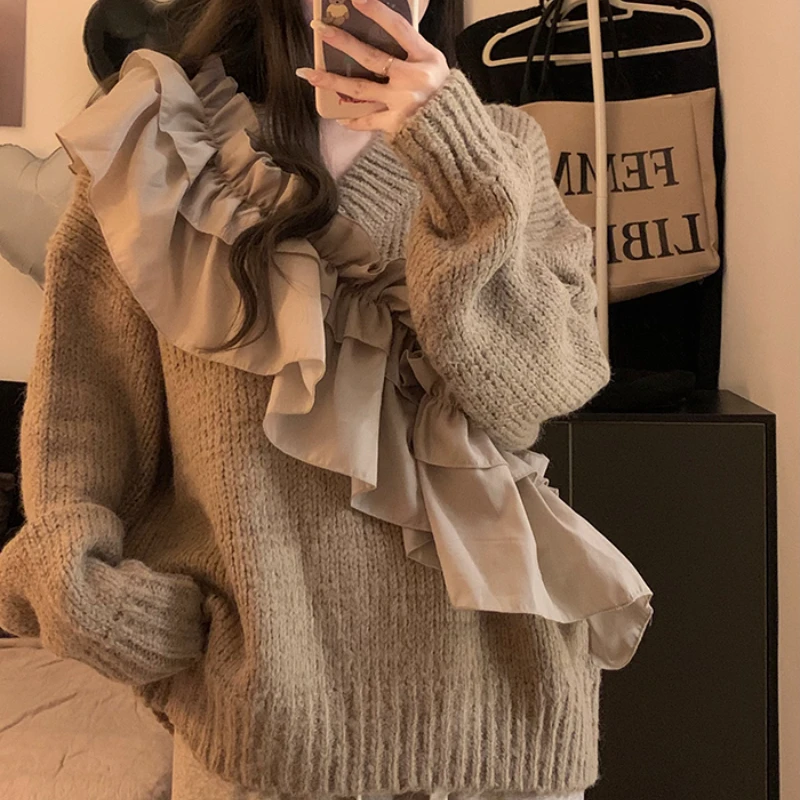 Mohair Women's Sweaters Winter 2022 Patchwork Cashmere Fashion Pullover V-Neck Long Sleeve Korean Jumpers Ruffles Clothing
Mohair Women's Sweaters Winter 2022 Patchwork Cashmere Fashion Pullover V-Neck Long Sleeve Korean Jumpers Ruffles Clothing