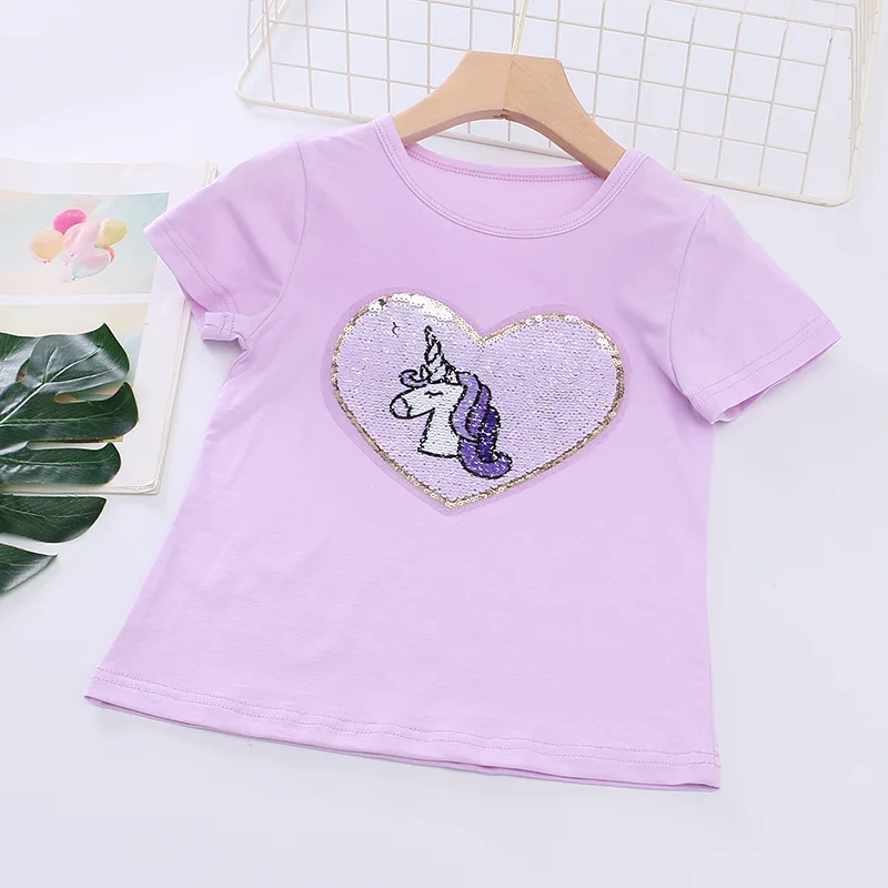 Summer Girls' Sequin Reversible Color Changing T-shirt Short Sleeve Pure Cotton Half Top Pony Unicorn Bottom Shirt | Детская одежда