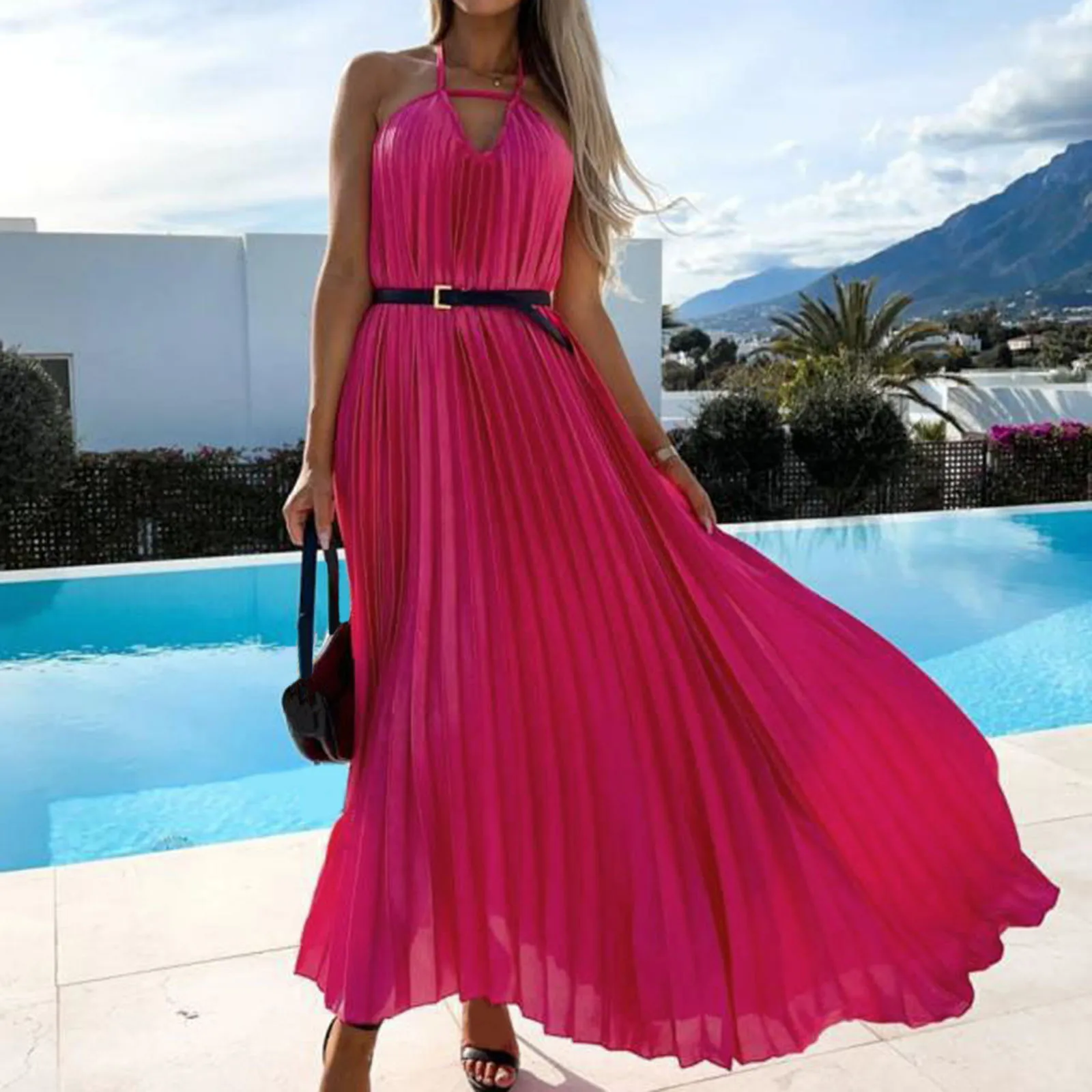 Женское Плиссированное Шифоновое Платье макси с открытой спиной, Элегантное Длинное свободное платье с лямкой на шее и поясом, праздничный ... 
Женское Плиссированное Шифоновое Платье макси с открытой спиной, Элегантное Длинное свободное платье с лямкой на шее и поясом, праздничный ...