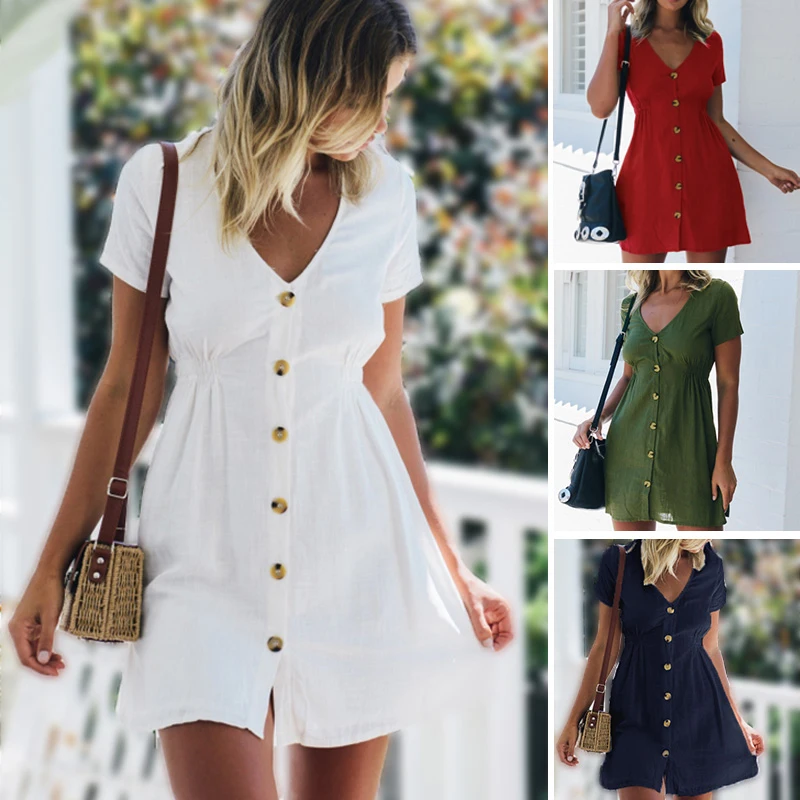 

Women Dress 2023Spring/Summer Pure Color Single-Breasted V-Neck Dress robe Female Casual Holiday Mini Dress