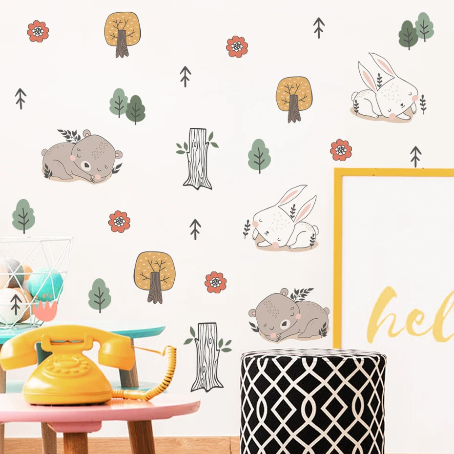 

Cartoon Cute Sleeping Bear Bunny Animal Watercolor Wall Sticker Vinyl Baby Nursery Art Decals for Kids Room Home Decor