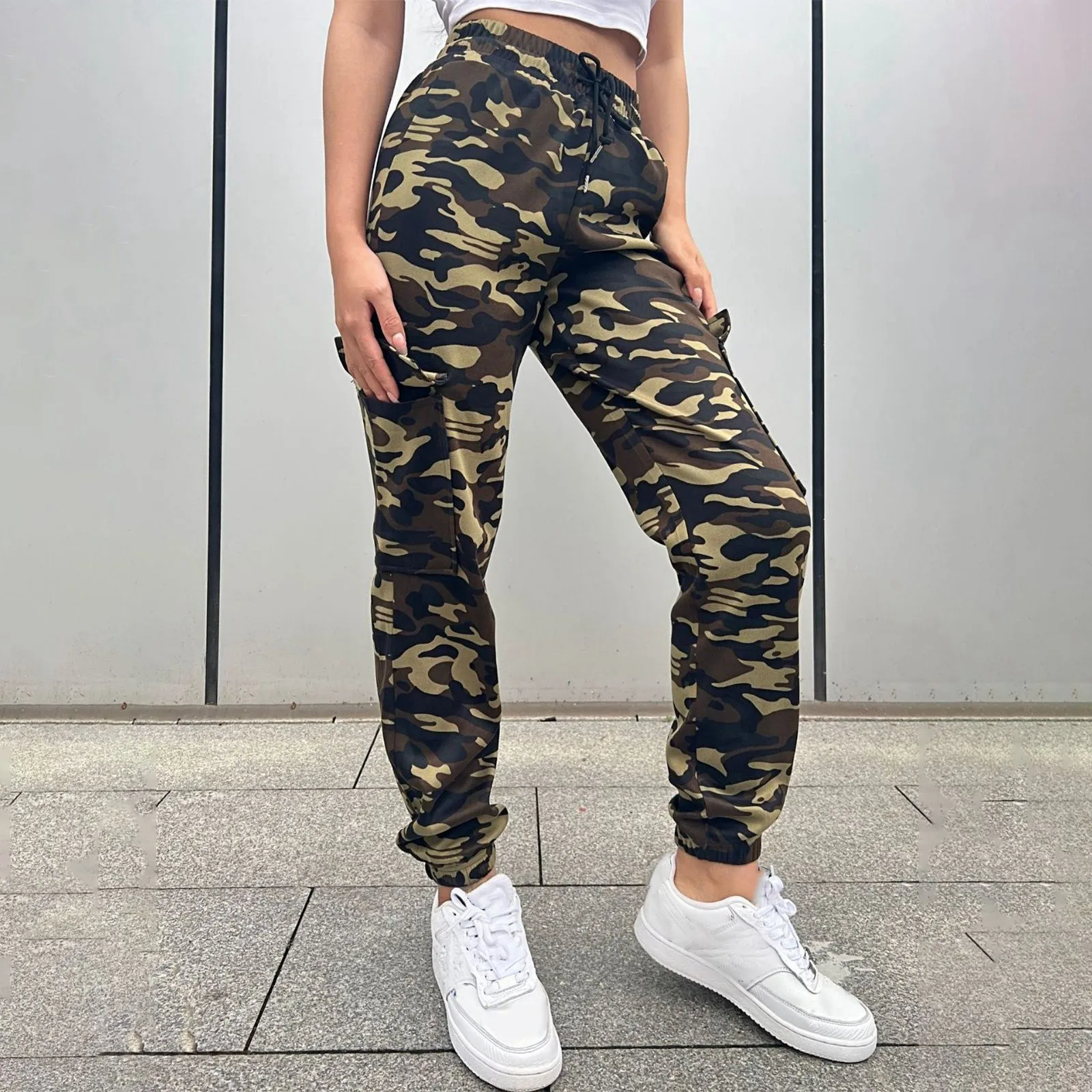 

Women'S Camouflage Jogger Pants With Printed Drawstring And Cuffed Hem Trendy Elastic Waist Work Streetwear Leisure Trousers