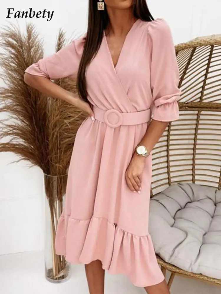 Женское элегантное однотонное платье миди с V-образным вырезом и оборками, лето 2022, модное вечернее платье с рукавом до локтя, женское повсед... 
Женское элегантное однотонное платье миди с V-образным вырезом и оборками, лето 2022, модное вечернее платье с рукавом до локтя, женское повсед...