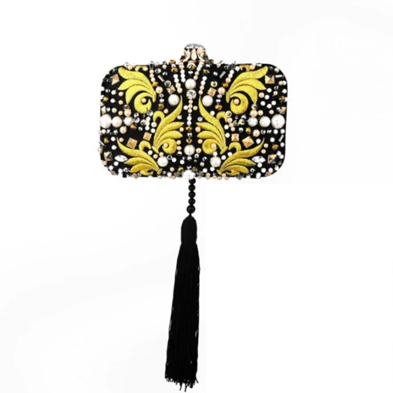 Luxury Beads Embroidery Clutch Bag Black Tassels Evening Bags Bridal Wedding Handbag with Chain Crossbody Shoulder Purse
Luxury Beads Embroidery Clutch Bag Black Tassels Evening Bags Bridal Wedding Handbag with Chain Crossbody Shoulder Purse