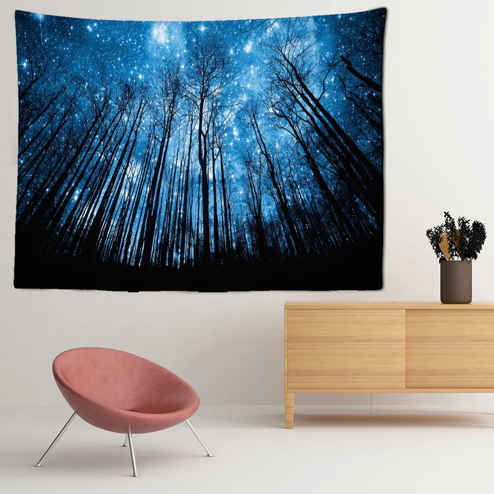 

Blue Black Forest Starry Sky Tapestry Fantasy Magic Living Room Bathroom Wall Hangings Decorations Home Drcor Gifts