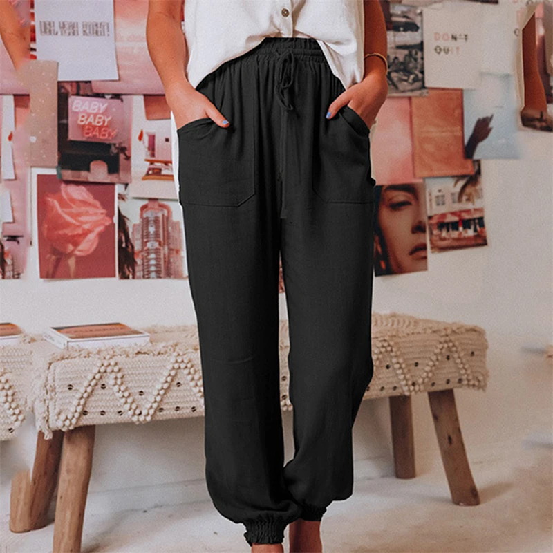Women Pants Summer Cotton Linen Lacing Pockets Patchwork Shirring Solid Color Elasticity Bundle Feet Black Pencil Long Trousers
Women Pants Summer Cotton Linen Lacing Pockets Patchwork Shirring Solid Color Elasticity Bundle Feet Black Pencil Long Trousers