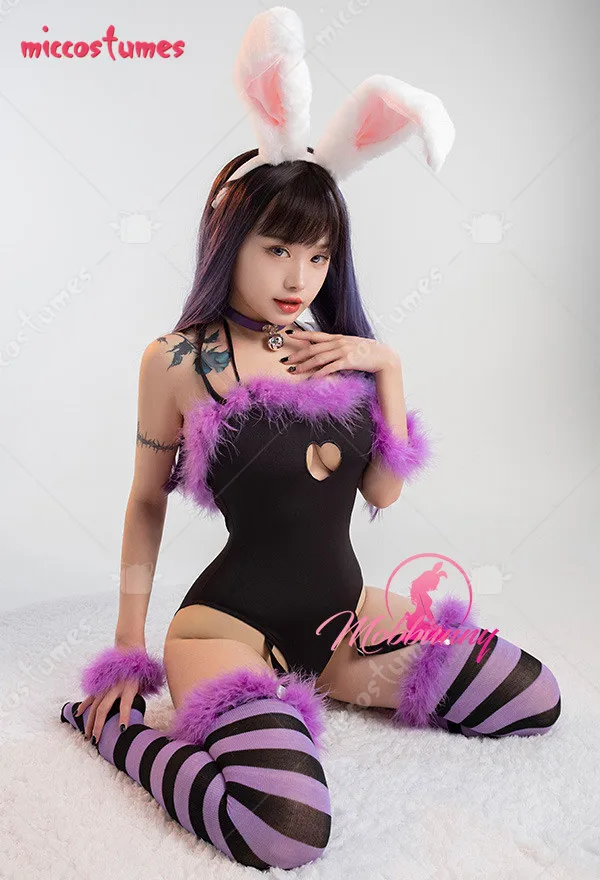 

Bunny Girl Sexy Lingerie Set Homewear Purple Black Furry Halter Bodysuit with Skirt and Thigh Socks Cosplay Costumes