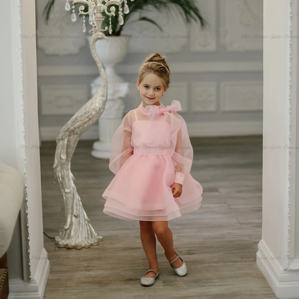 

2023 Blush Pink Full Sleeves High Neck Big Bow Knee Length Pageant Gowns for Christmas New Year Tutu Girls Flower Girl Dresses