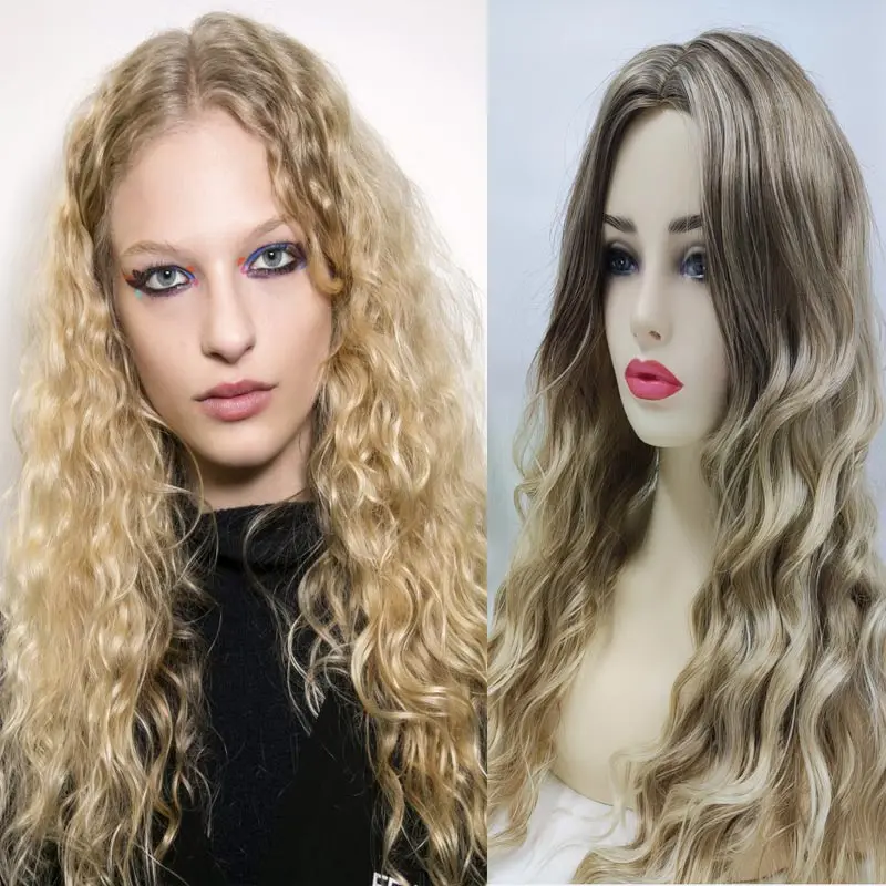 

Women's Fashion Long Hair Wig Blonde Ombre Curly Hair Middle Parted Bangs Natural Fluffy Long Synthetic Wavy Costume Party Wigs