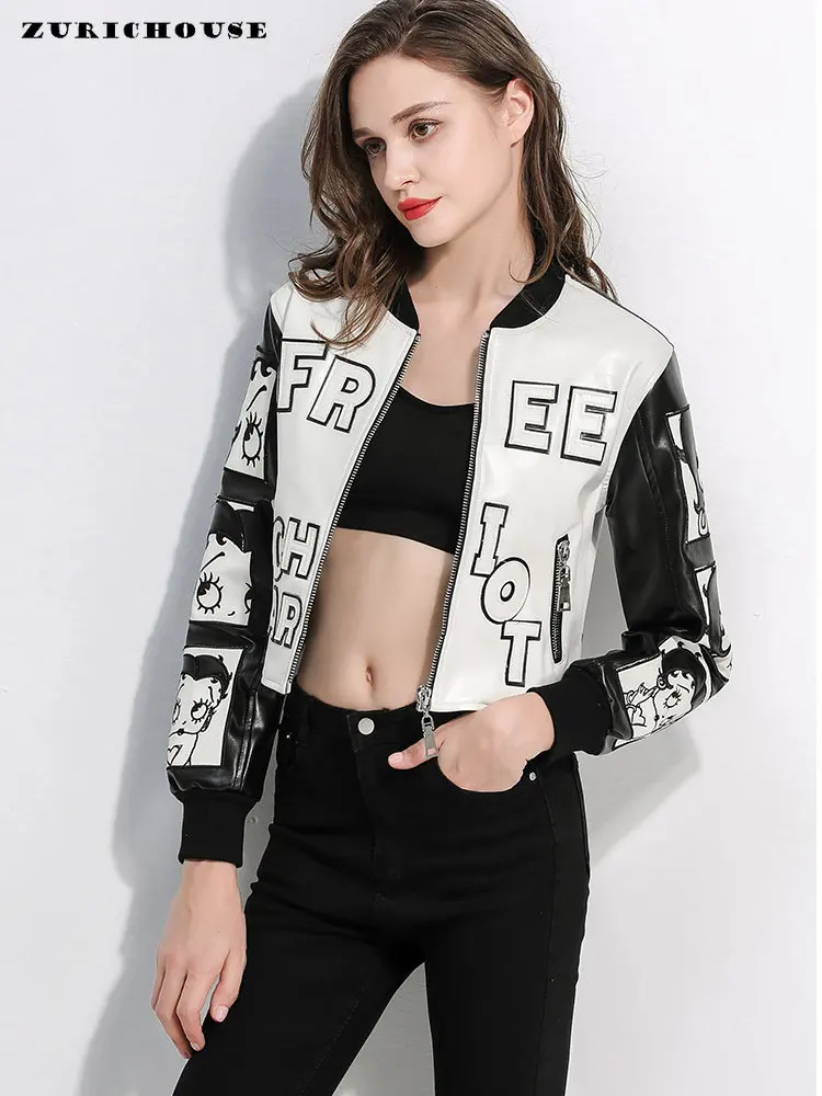 Cartoon Embroidery Bomber Jacket Women Short Fashion Designer White Black Contrast Color Streetwear Motorcycle PU Leather Jacket
Cartoon Embroidery Bomber Jacket Women Short Fashion Designer White Black Contrast Color Streetwear Motorcycle PU Leather Jacket