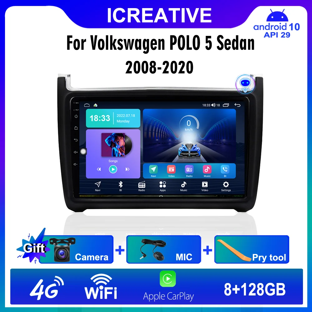 

ICREATIVE Android 10.0 Radio Car For Volkswagen POLO 5 Sedan 2008 - 2020 Multimedia Autoradio CarPlay 4G GPS RDS 2 din HD Camera