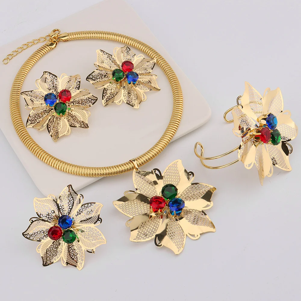 New Trendy African Jewelry Sets for Women Copper Petal Earrings Ring Necklace Bracelet Wedding Party Ladies 4 Piece Set Gifts
New Trendy African Jewelry Sets for Women Copper Petal Earrings Ring Necklace Bracelet Wedding Party Ladies 4 Piece Set Gifts