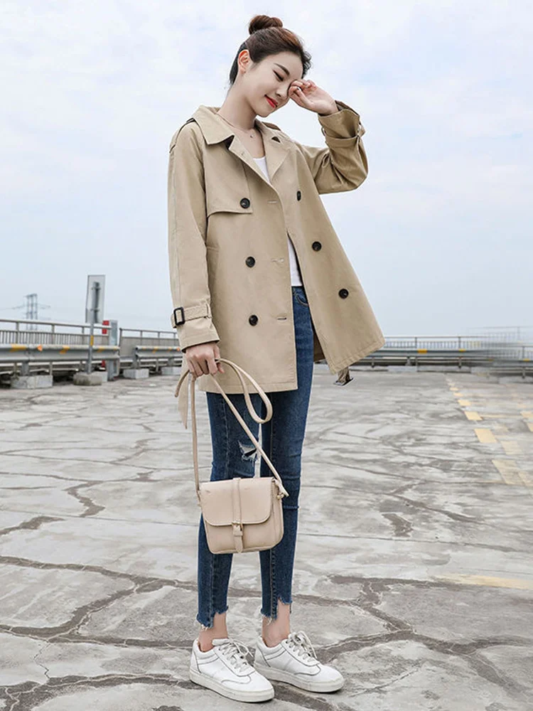 

Spring Autumn Women Casual Turn-down Collar Double Breasted Jacket Female Vintage Sash Tie Up Khaki Trench Coat