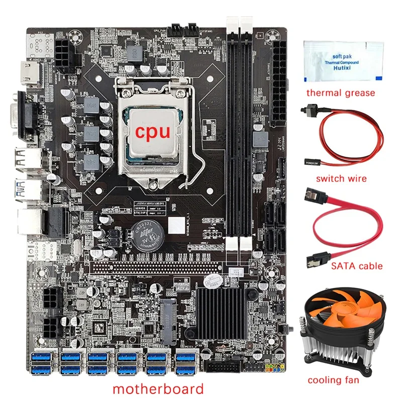 B75 12 GPU Mining Motherboard+CPU+Fan+Thermal Grease+Switch Cable+SATA Cable 12 USB3.0 Slot LGA1155 DDR3 SATA3.0 For BTC
B75 12 GPU Mining Motherboard+CPU+Fan+Thermal Grease+Switch Cable+SATA Cable 12 USB3.0 Slot LGA1155 DDR3 SATA3.0 For BTC