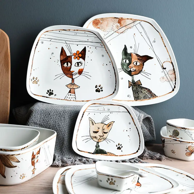 

Милая керамическая посуда с изображением мультяшного кота, бытовая миска для супа, лапши, тарелка для фруктов, стейка, блюда, креативная фар...